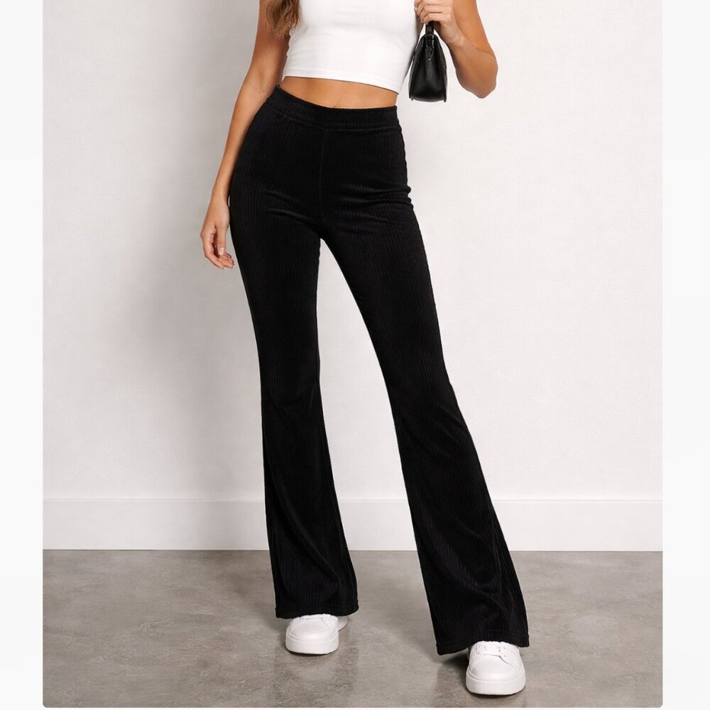 Urban Outfitters Black Ribbed Flare Pants Size M High Rise Stretch